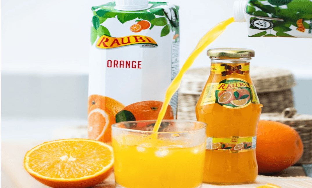 The world most favorite Juices in a display with colorful packaging