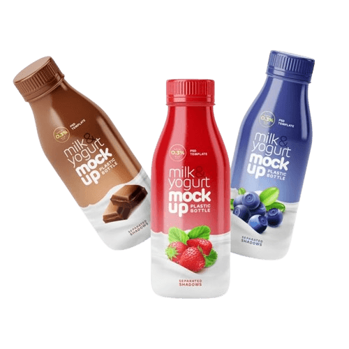 Three bottles of different colored smoothies