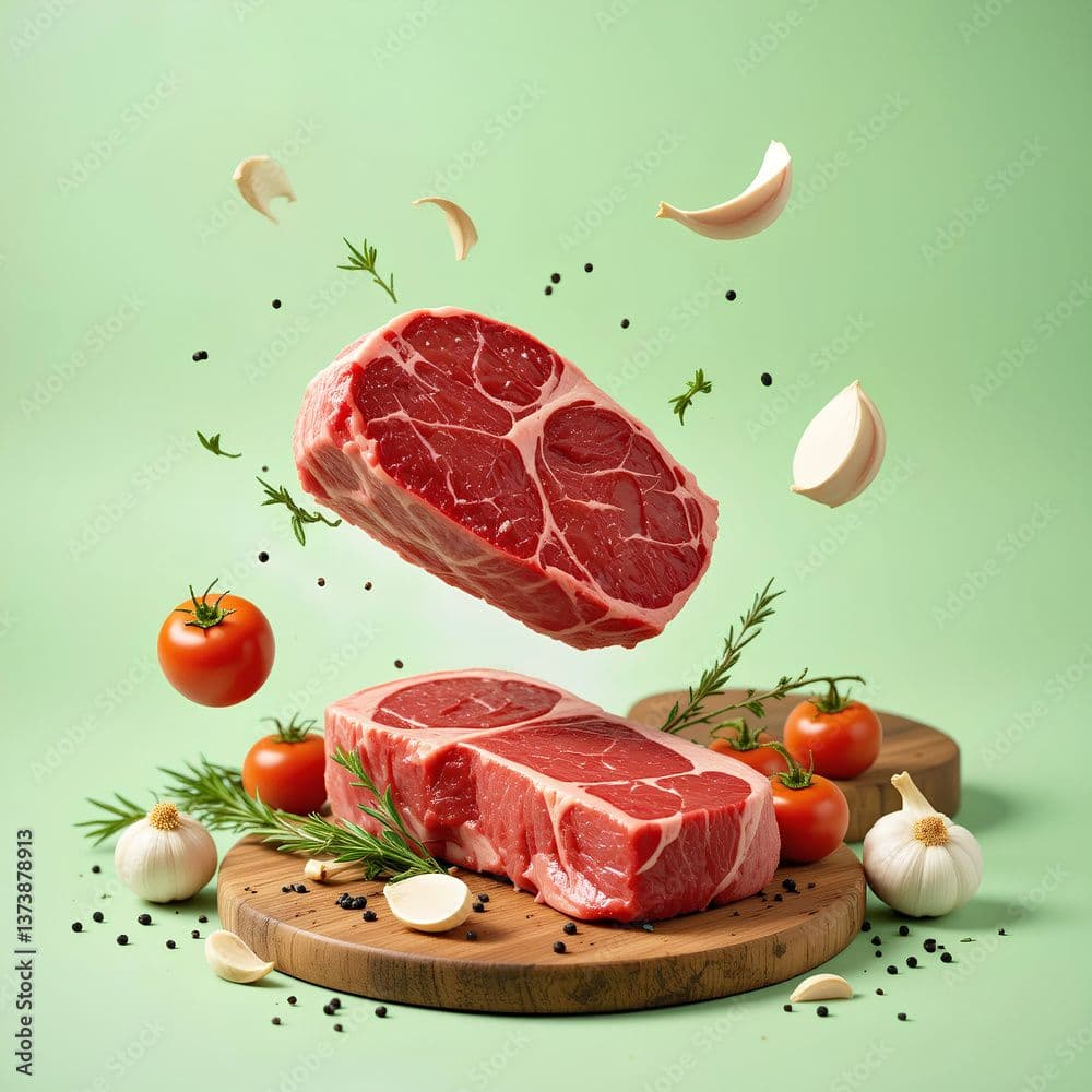 Raw meat cuts in trays in refrigerated display