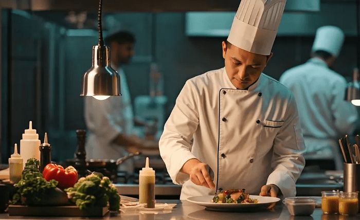 Interior of a Meat market with wooden tables, chairs, hanging lights, and shelves with meat products